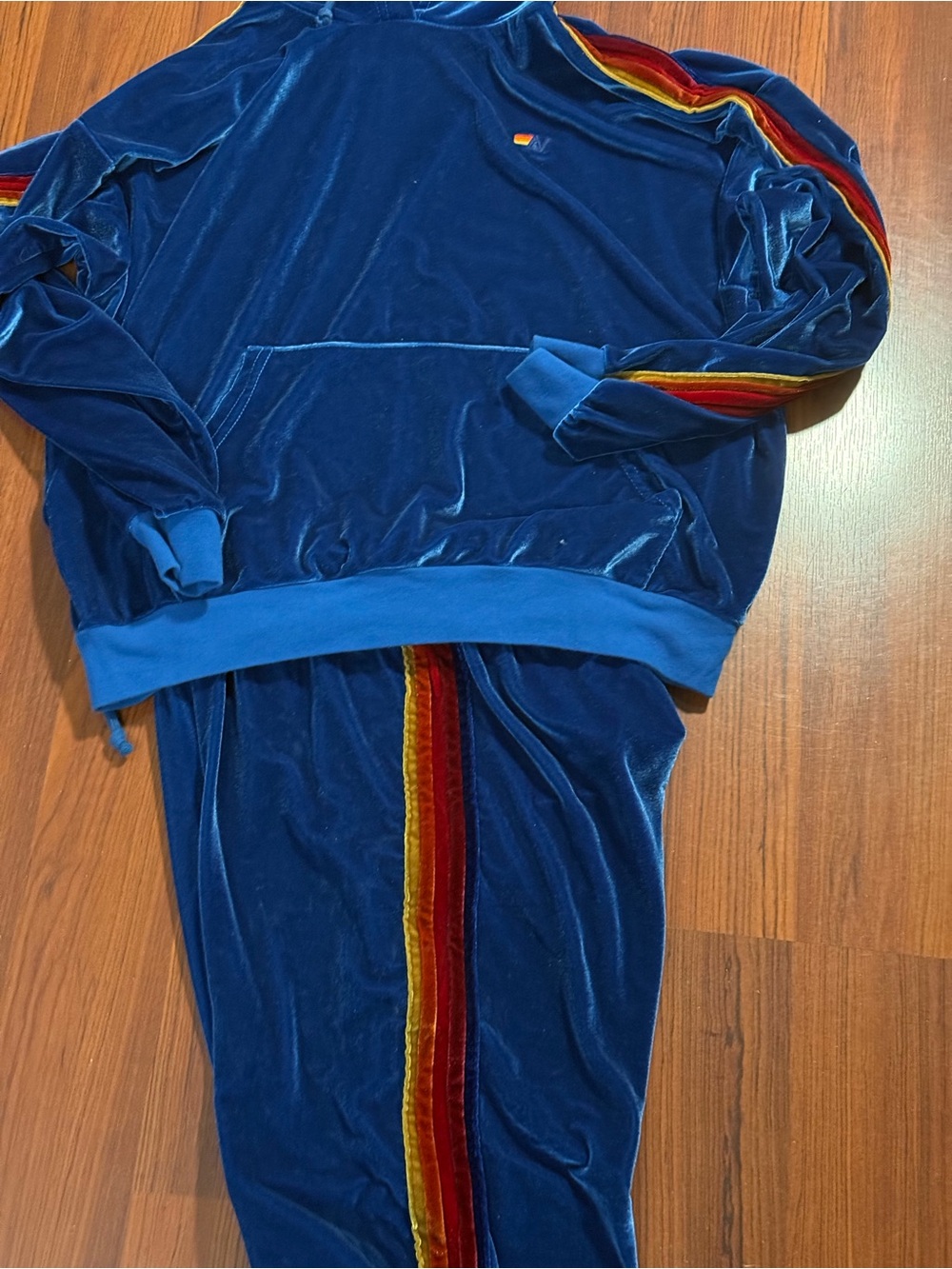 Aviator Nation Blue Velvet Track Pants & Pullover with Red and Yellow Stripes